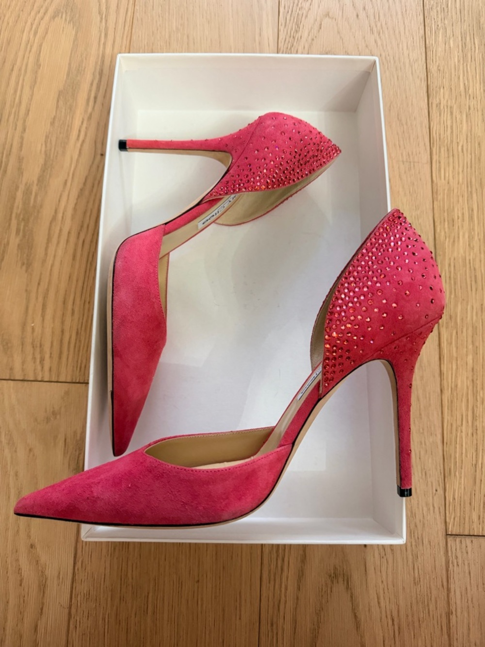 Jimmy Choo S42 Pink Suede Pointed-Toe Stiletto Pump w Crystal Back & Heel Accent
